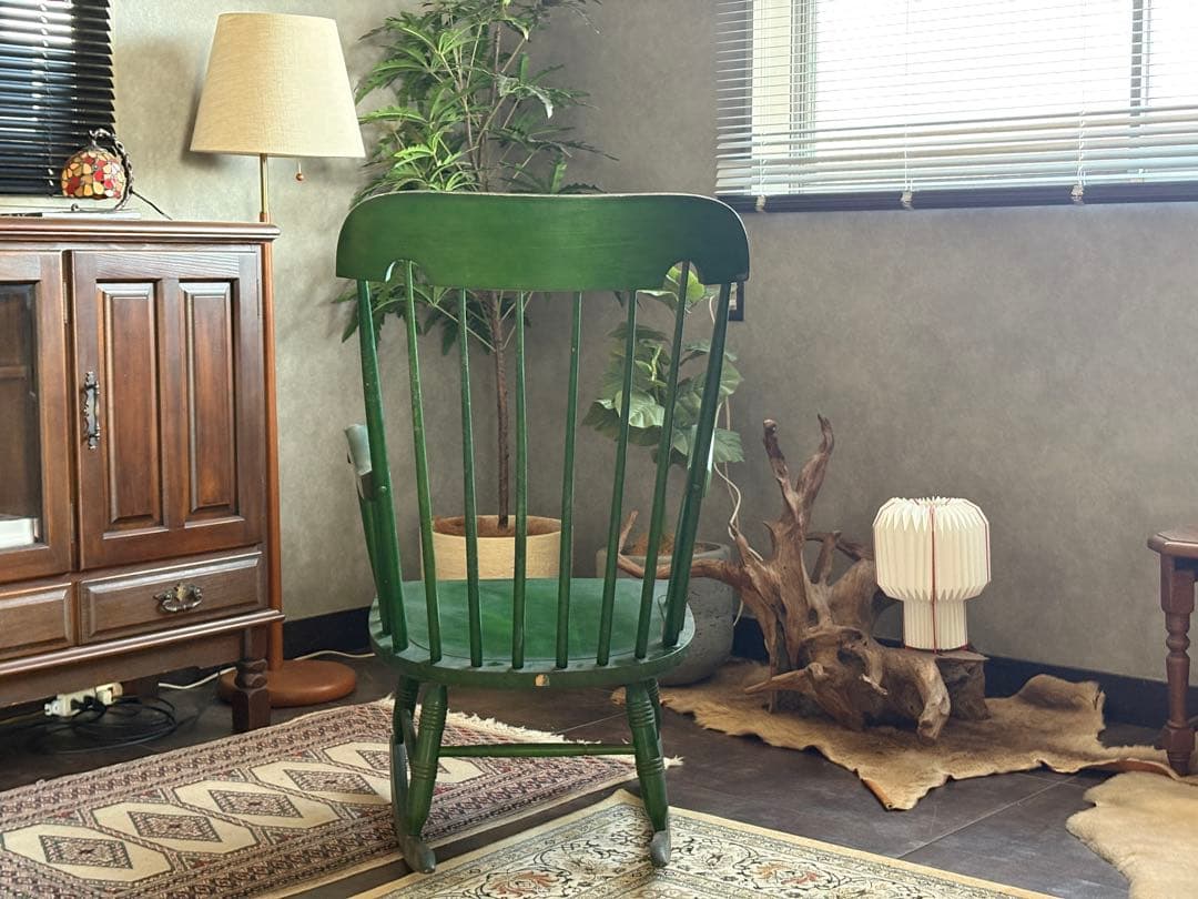 希少　飛騨産業　キツツキマーク　グリーンロッキングチェア　ヴィンテージ　nG