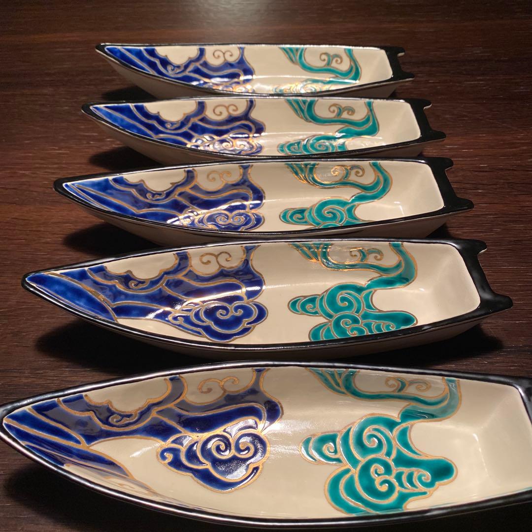 京焼向付　仁清流水舟形向付5客　新品未使用　京焼