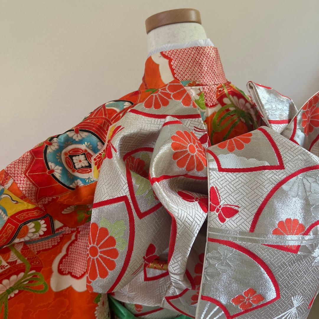 7歳　七五三　正絹着物　古典柄　帯　帯揚げ　帯締めのセットです。