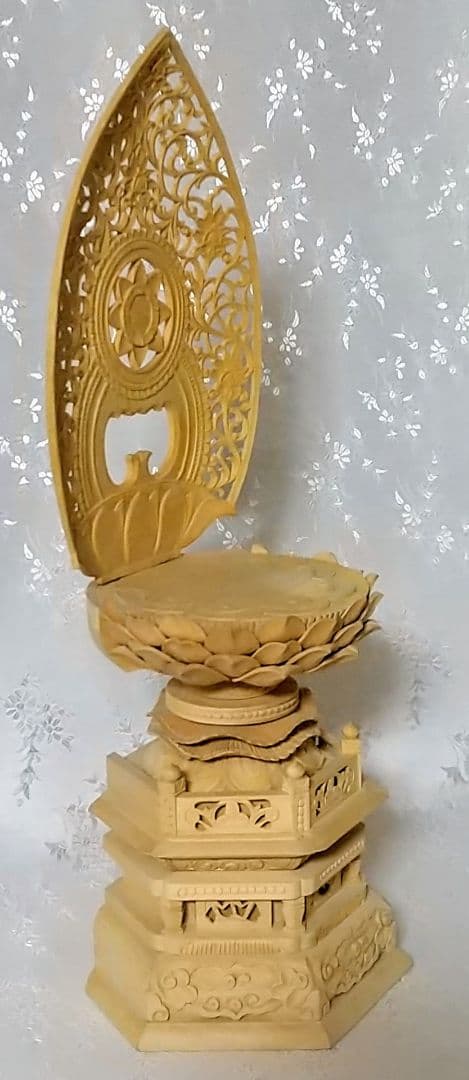 台座+光背 坐像用#545 背切 六角 宝相華唐草 透し彫 木彫 仏像付属品