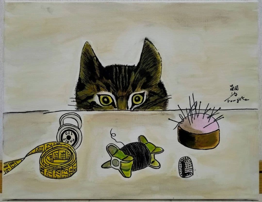 【F6号】藤田嗣治【仕立て屋の猫】手描き/表裏サイン・鑑定書有/油彩/水彩/額縁