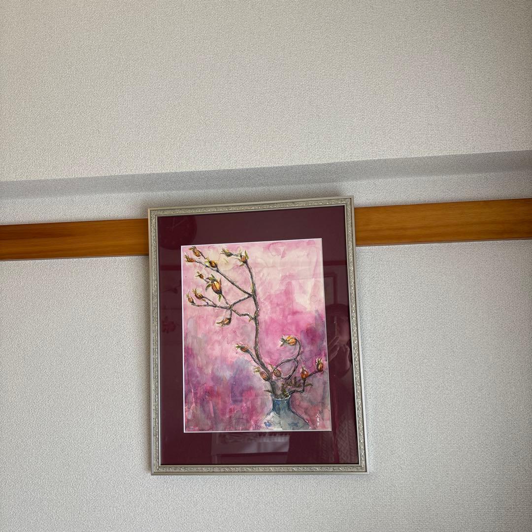 水彩画 花瓶と花 クチナシの実