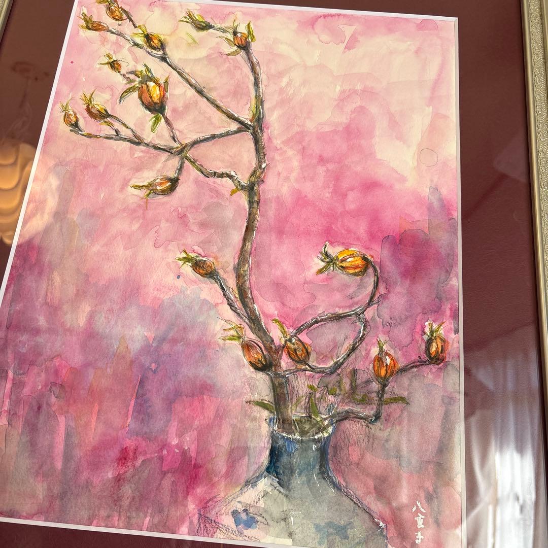 水彩画 花瓶と花 クチナシの実