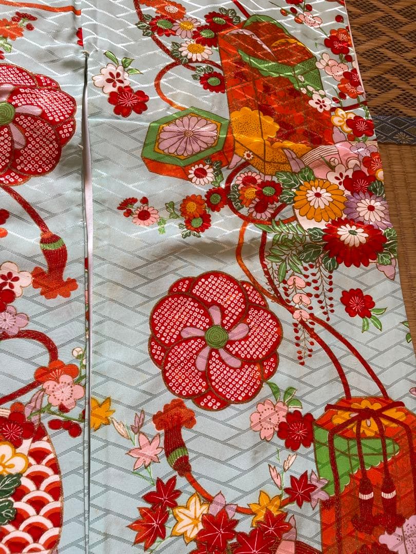 七五三 着物一式 青色 花柄 女の子 アンティーク 7歳着物　753