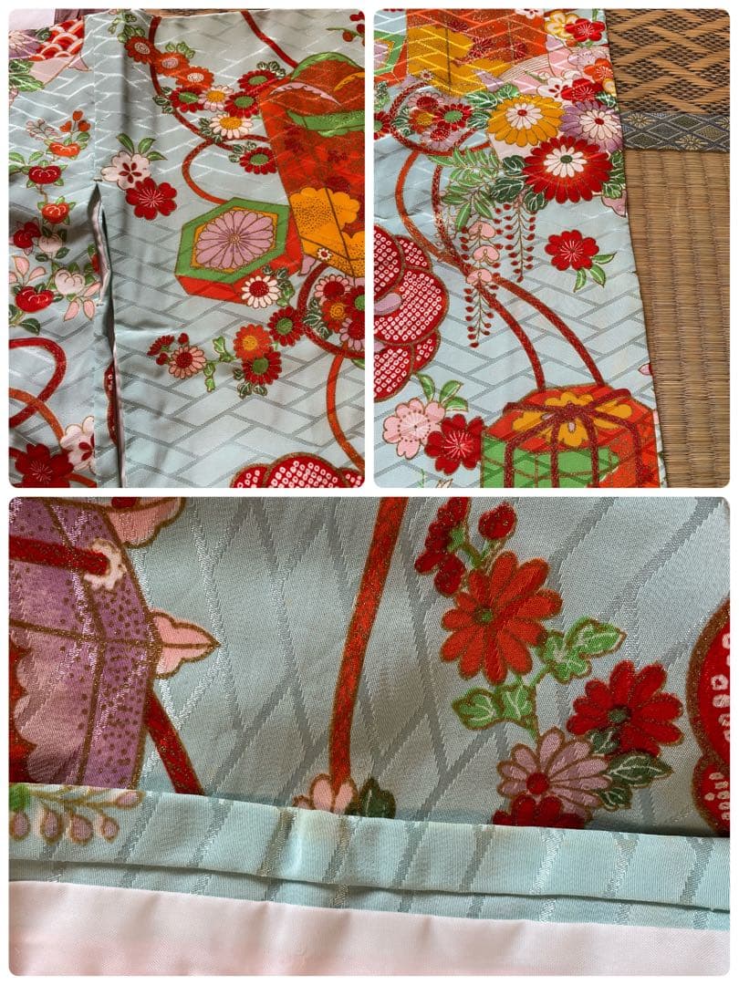 七五三 着物一式 青色 花柄 女の子 アンティーク 7歳着物　753