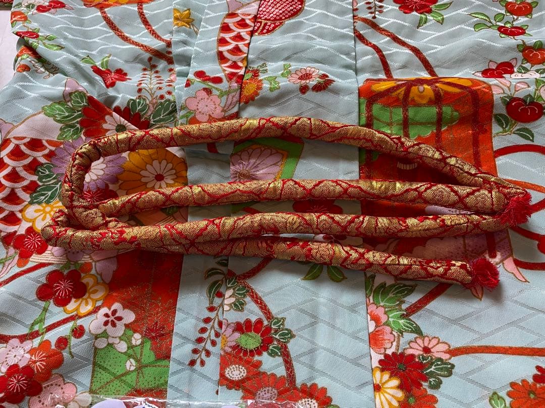 七五三 着物一式 青色 花柄 女の子 アンティーク 7歳着物　753