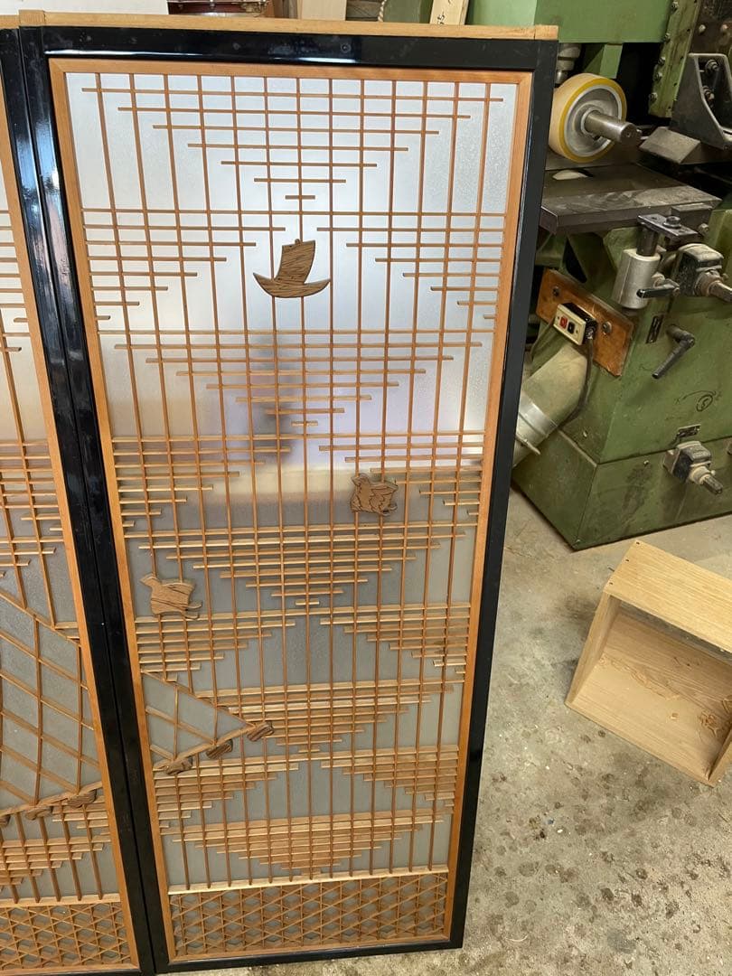 建具　書院　組み子彫刻入れ込み　干し網模様