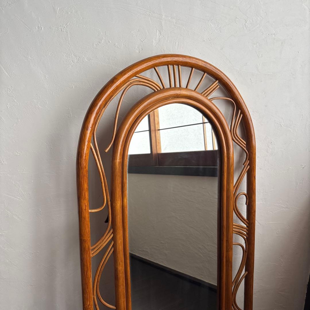 カザマ ラタン ウォールミラー 鏡 ヴィンテージ レトロ 籐 アンティーク