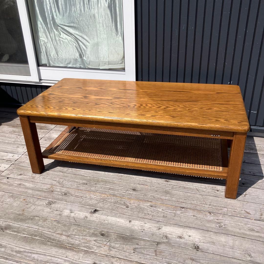 昭和レトロ 浜本工芸 オーク材 ラタン棚板木製センターテーブル コーヒーテーブル