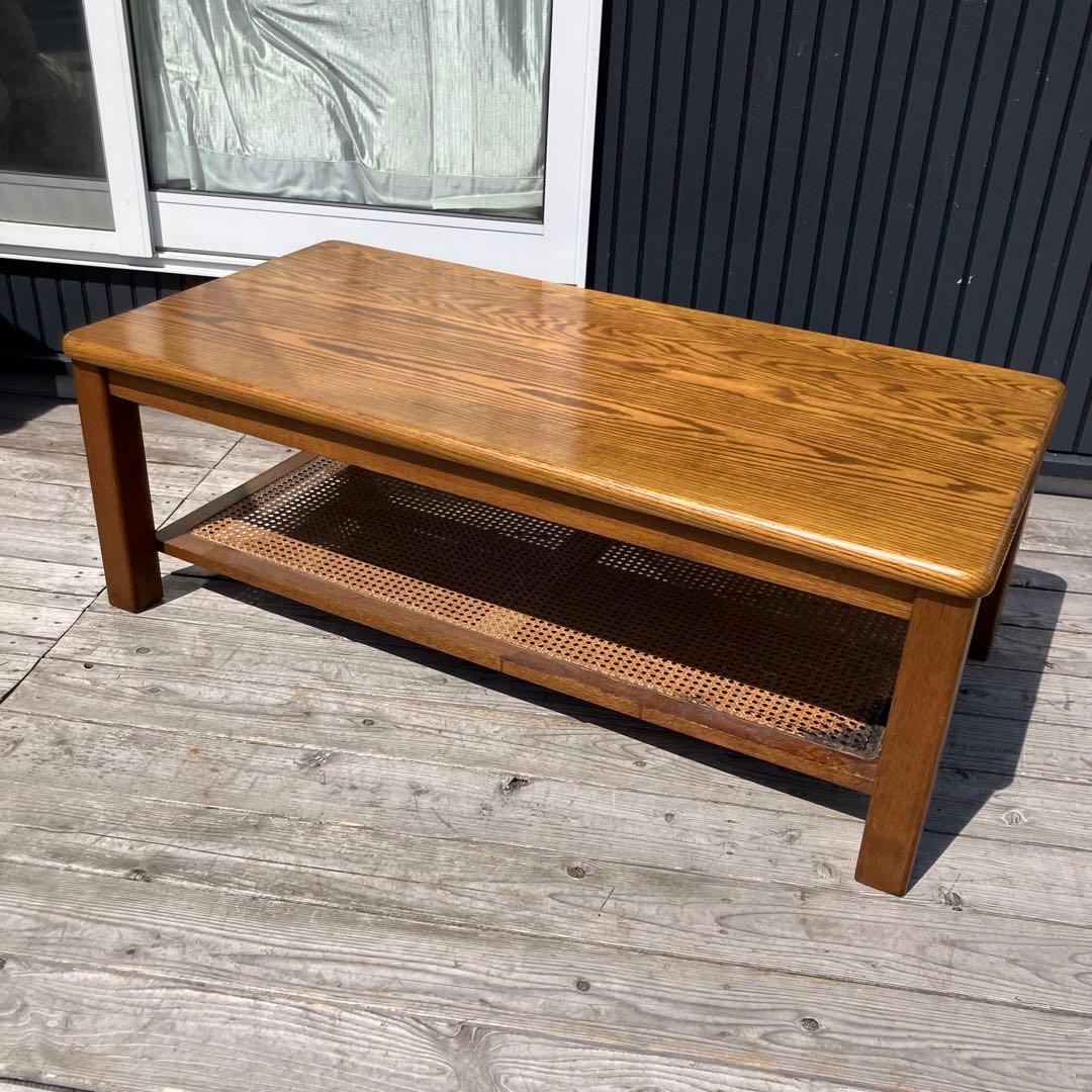昭和レトロ 浜本工芸 オーク材 ラタン棚板木製センターテーブル コーヒーテーブル