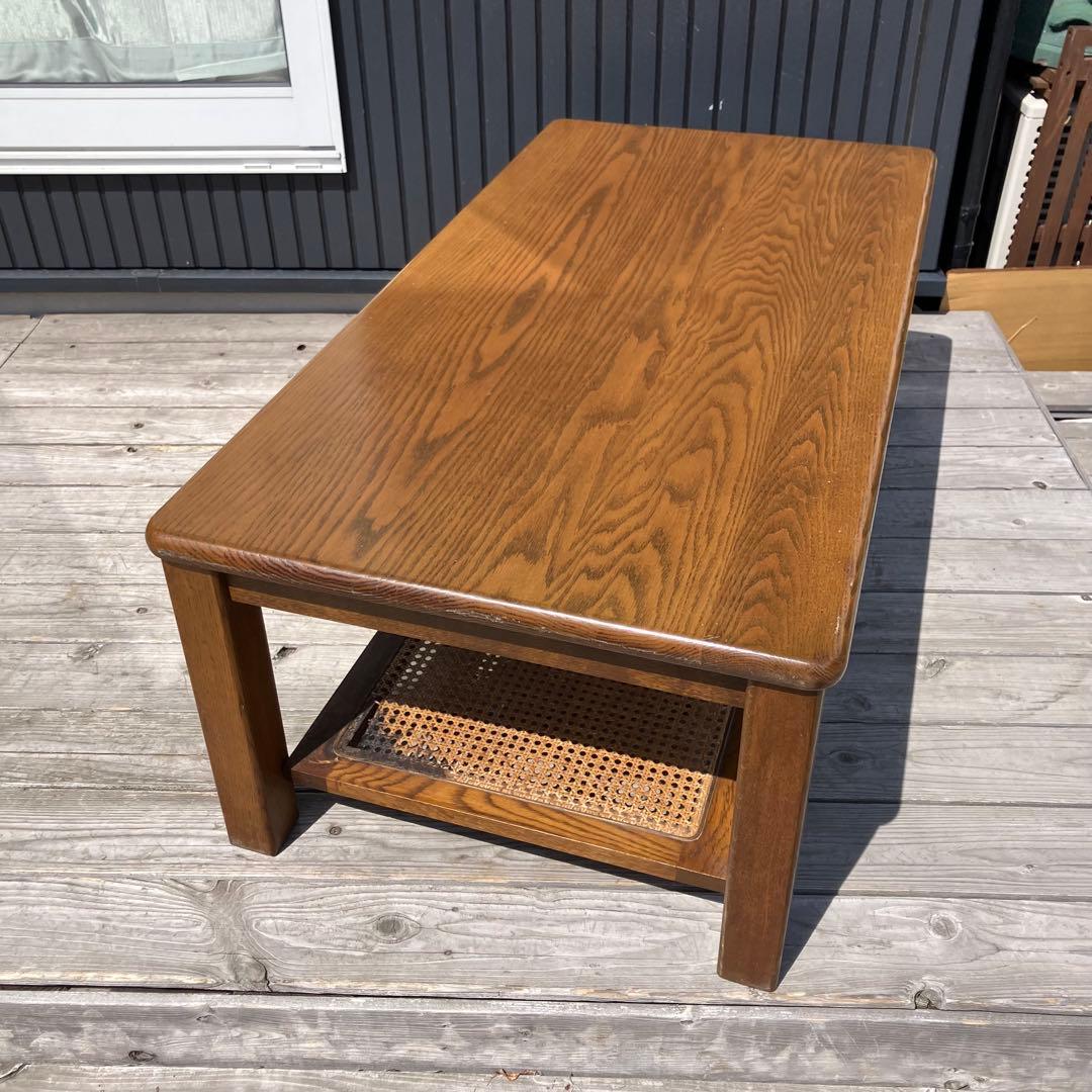昭和レトロ 浜本工芸 オーク材 ラタン棚板木製センターテーブル コーヒーテーブル