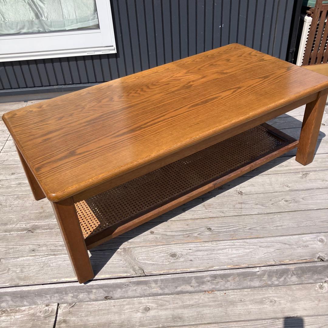 昭和レトロ 浜本工芸 オーク材 ラタン棚板木製センターテーブル コーヒーテーブル