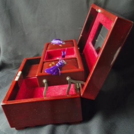 レトロ 漆器 宝石箱 オルゴール鍵 鏡 牡丹 蒔絵/昭和 木製アンティーク螺鈿