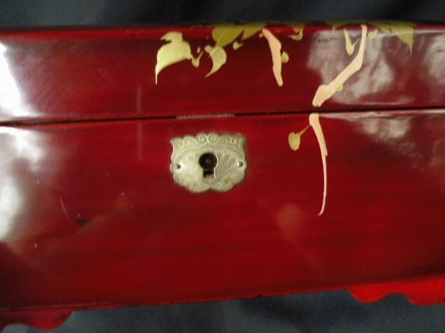 レトロ 漆器 宝石箱 オルゴール鍵 鏡 牡丹 蒔絵/昭和 木製アンティーク螺鈿