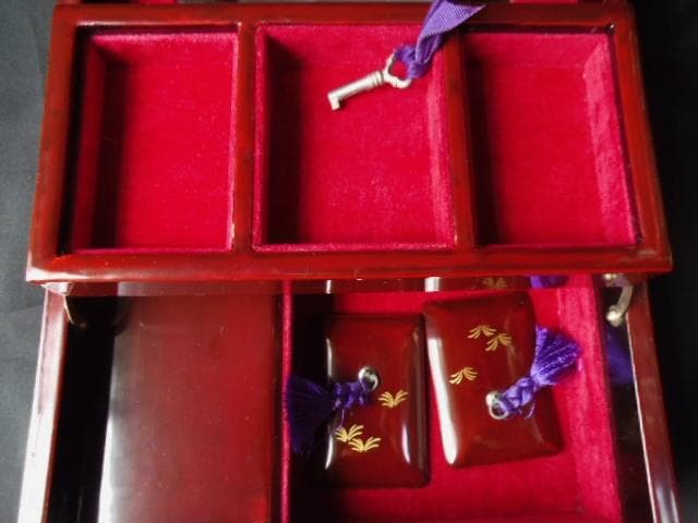 レトロ 漆器 宝石箱 オルゴール鍵 鏡 牡丹 蒔絵/昭和 木製アンティーク螺鈿