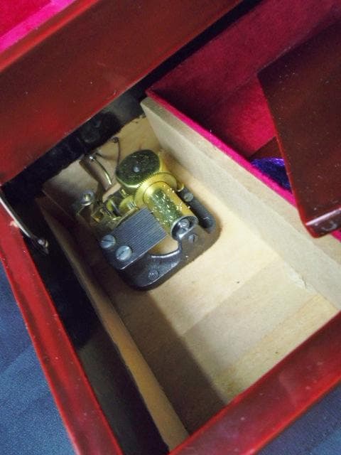 レトロ 漆器 宝石箱 オルゴール鍵 鏡 牡丹 蒔絵/昭和 木製アンティーク螺鈿