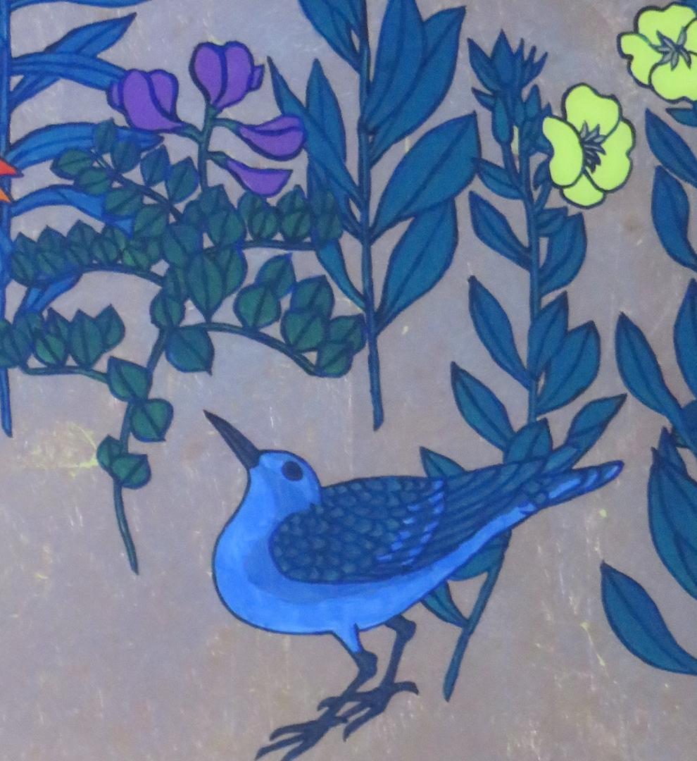 佐田　勝　「作品」（野の花・鳩）　ガラス絵　98×28cm　≪真作≫　MC