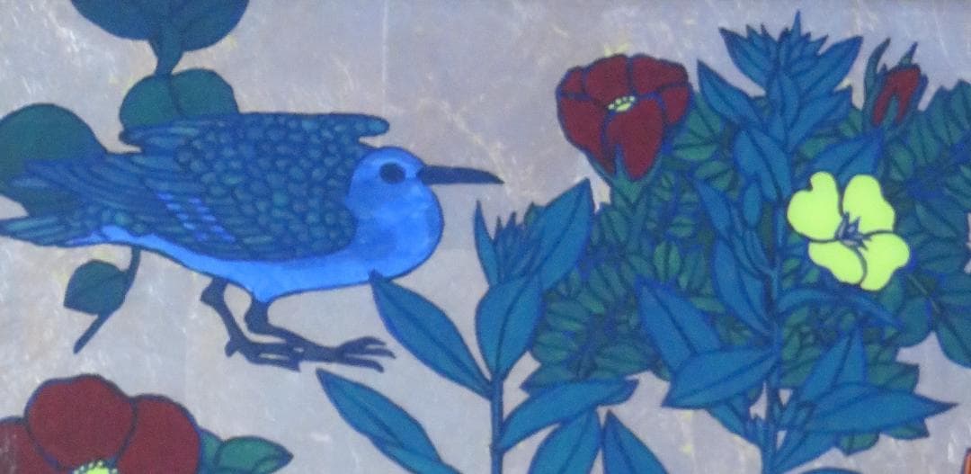 佐田　勝　「作品」（野の花・鳩）　ガラス絵　98×28cm　≪真作≫　MC