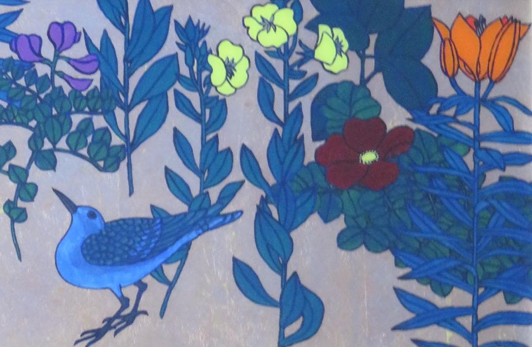 佐田　勝　「作品」（野の花・鳩）　ガラス絵　98×28cm　≪真作≫　MC