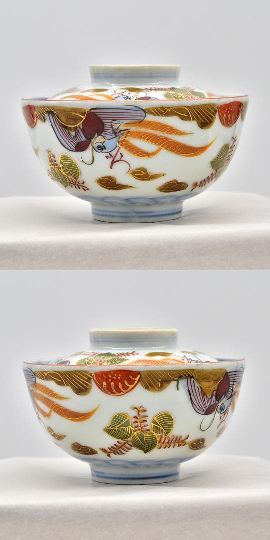 江戸後期 最上手 富貴長春銘 古伊万里 色絵染錦金彩 唐草 蓋茶碗 二客