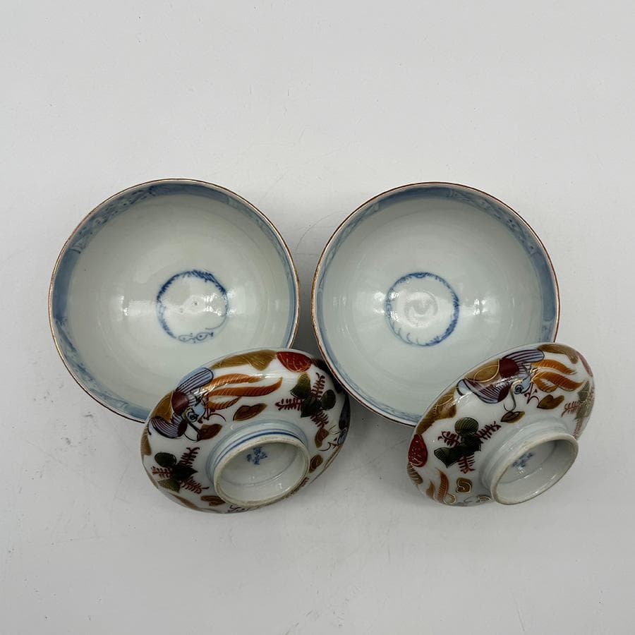 江戸後期 最上手 富貴長春銘 古伊万里 色絵染錦金彩 唐草 蓋茶碗 二客