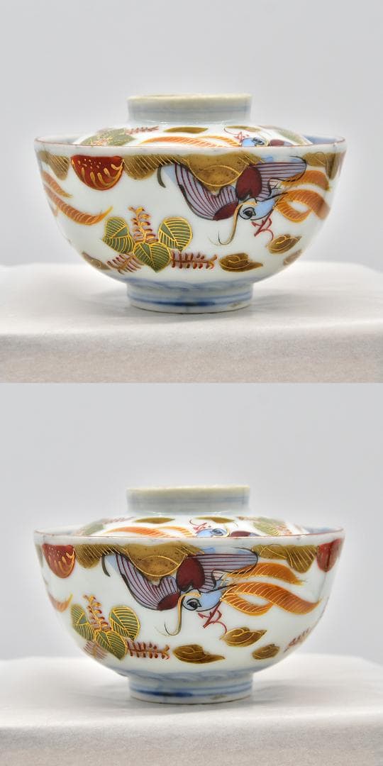 江戸後期 最上手 富貴長春銘 古伊万里 色絵染錦金彩 唐草 蓋茶碗 二客