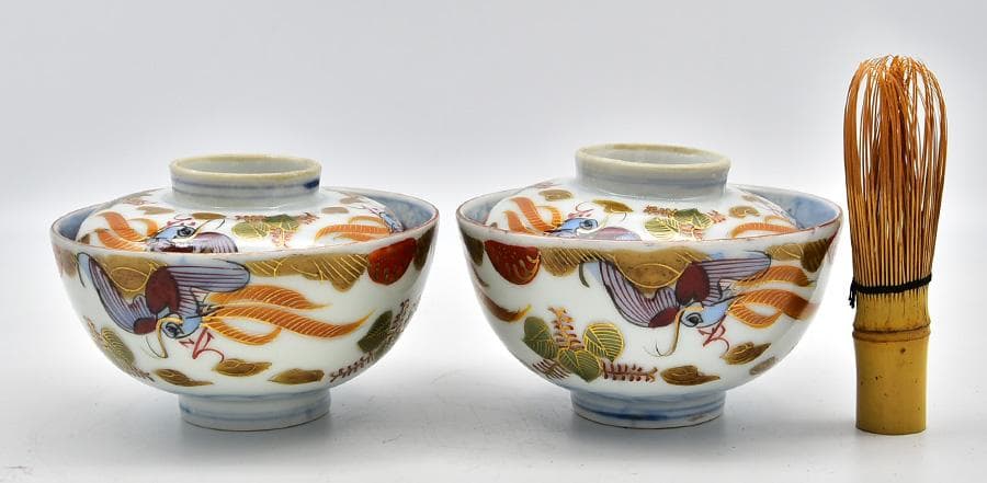 江戸後期 最上手 富貴長春銘 古伊万里 色絵染錦金彩 唐草 蓋茶碗 二客