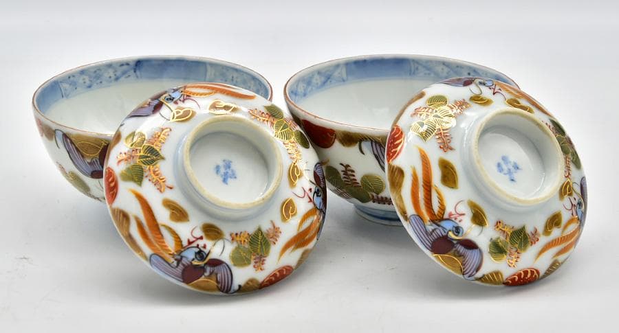 江戸後期 最上手 富貴長春銘 古伊万里 色絵染錦金彩 唐草 蓋茶碗 二客