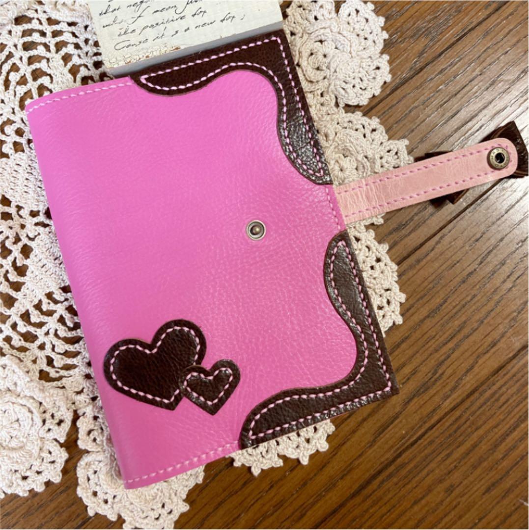 ご確認用　牛革 桃色　B6 手帳カバー　本革　ダークチョコ　ハート　ピンク