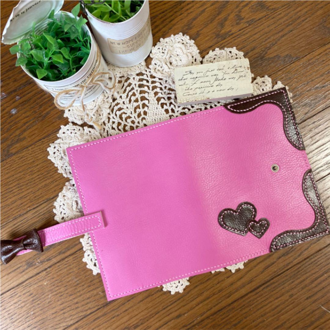 ご確認用　牛革 桃色　B6 手帳カバー　本革　ダークチョコ　ハート　ピンク