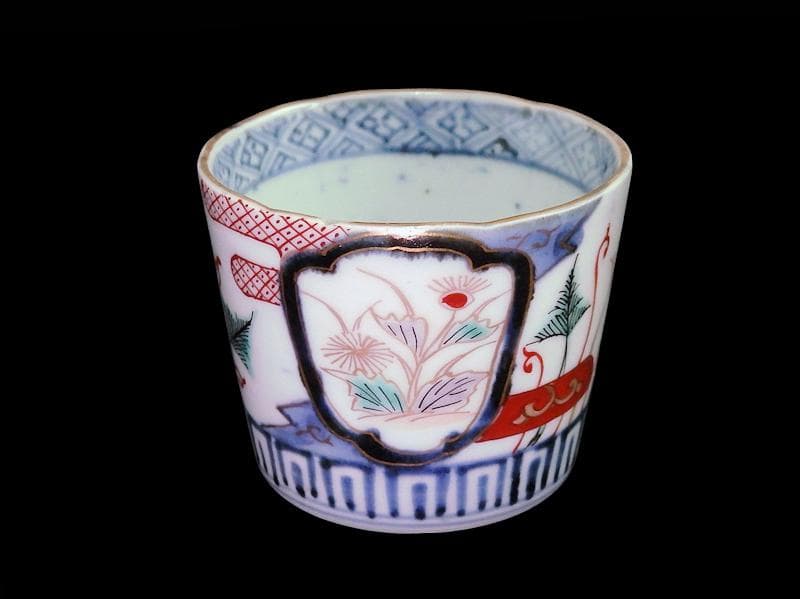 古伊万里　色絵　窓絵　薊に羊歯の図　蕎麦猪口　C221A-CZw