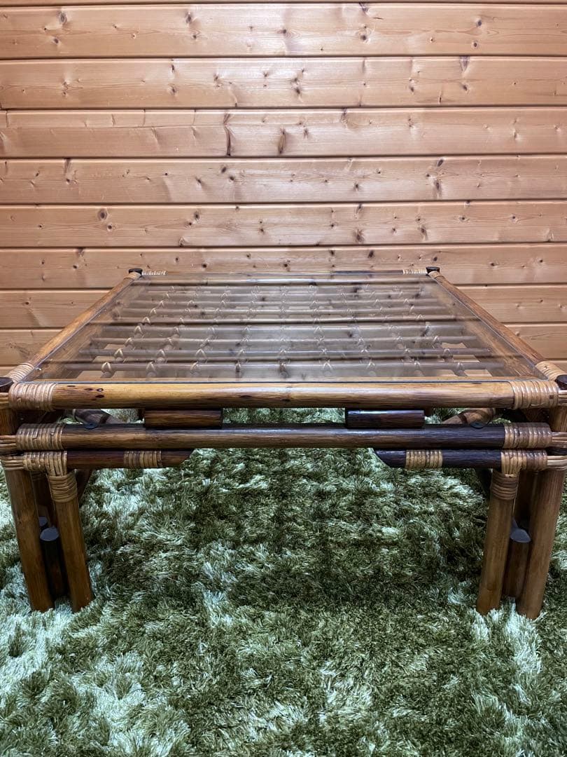 美品　ラタンガラステーブル　ラタンテーブル　ガラステーブル　センターテーブル