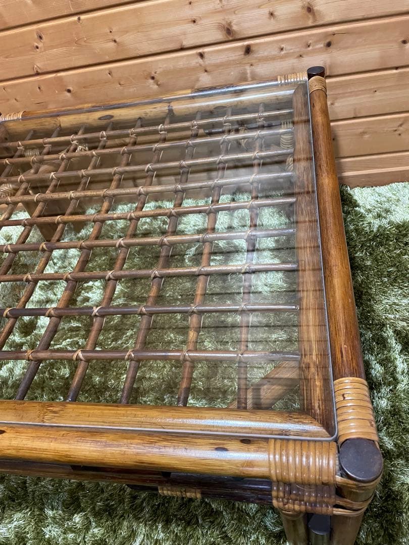 美品　ラタンガラステーブル　ラタンテーブル　ガラステーブル　センターテーブル