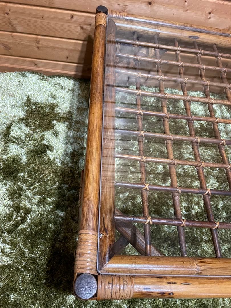 美品　ラタンガラステーブル　ラタンテーブル　ガラステーブル　センターテーブル