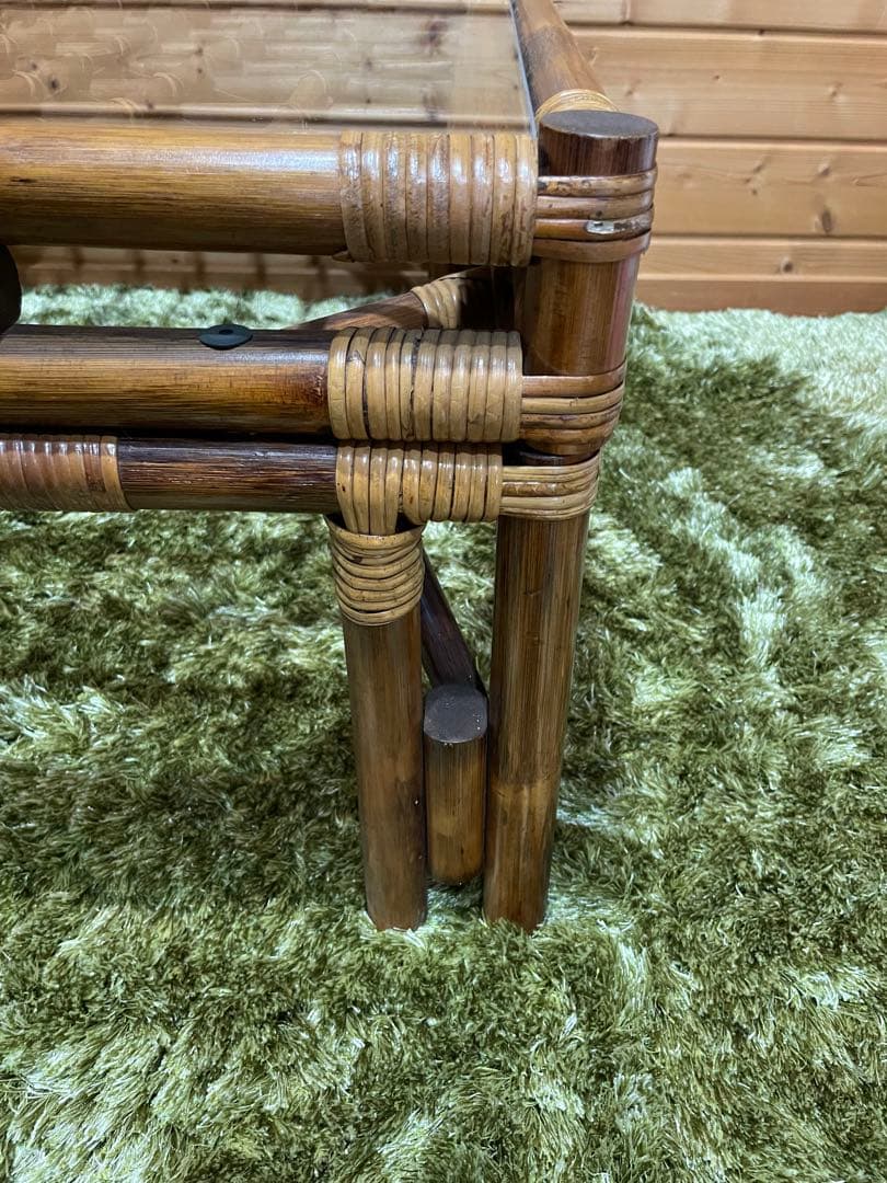 美品　ラタンガラステーブル　ラタンテーブル　ガラステーブル　センターテーブル