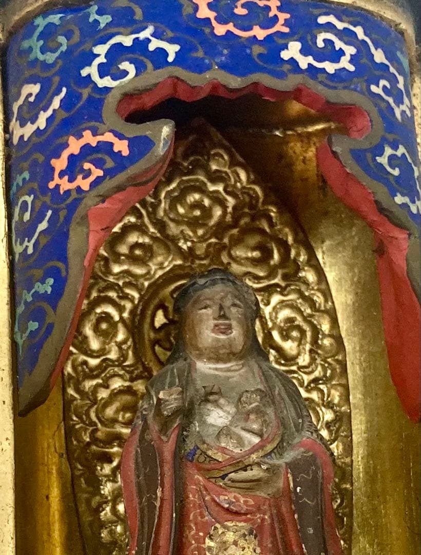 B566s 厨子仏 木彫彩色鬼子母神像　訶梨帝母　江戸　柘榴　仏教