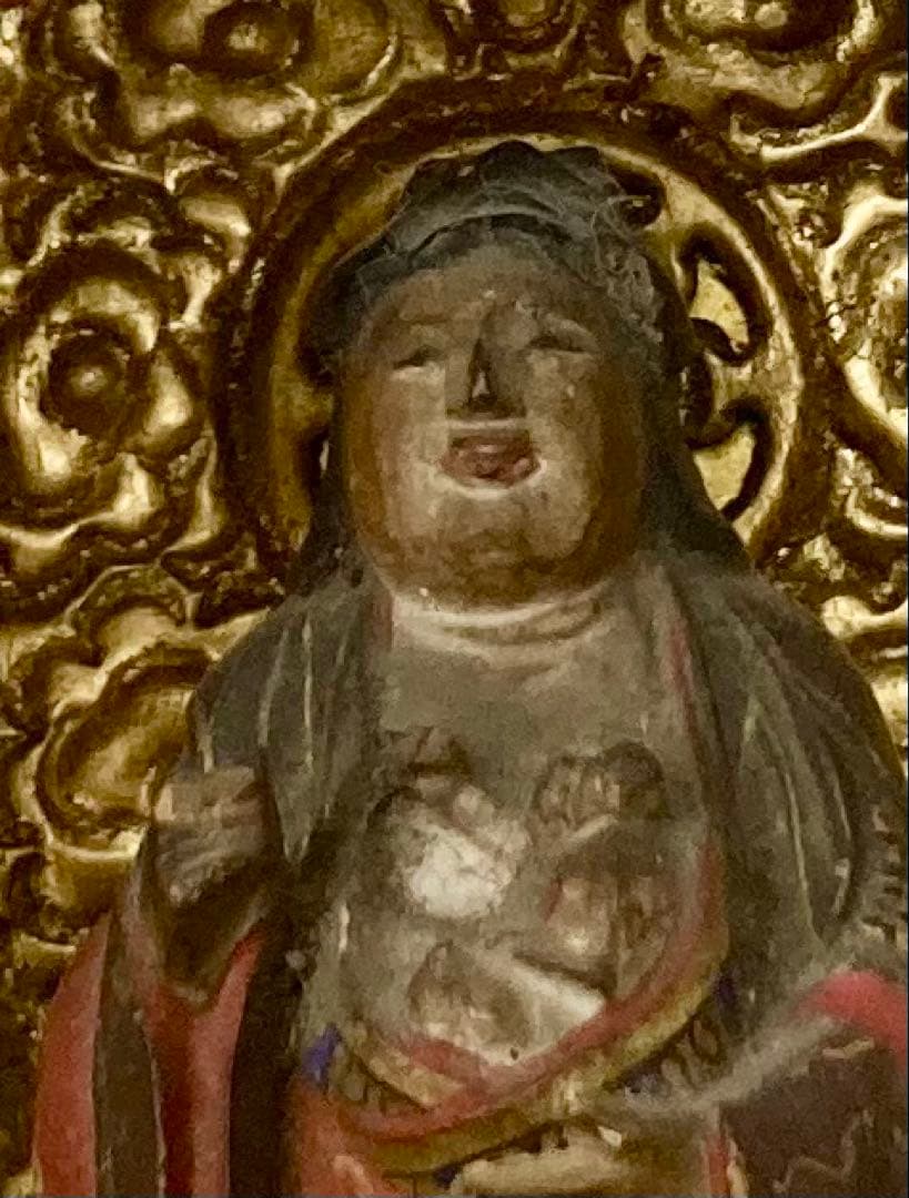 B566s 厨子仏 木彫彩色鬼子母神像　訶梨帝母　江戸　柘榴　仏教