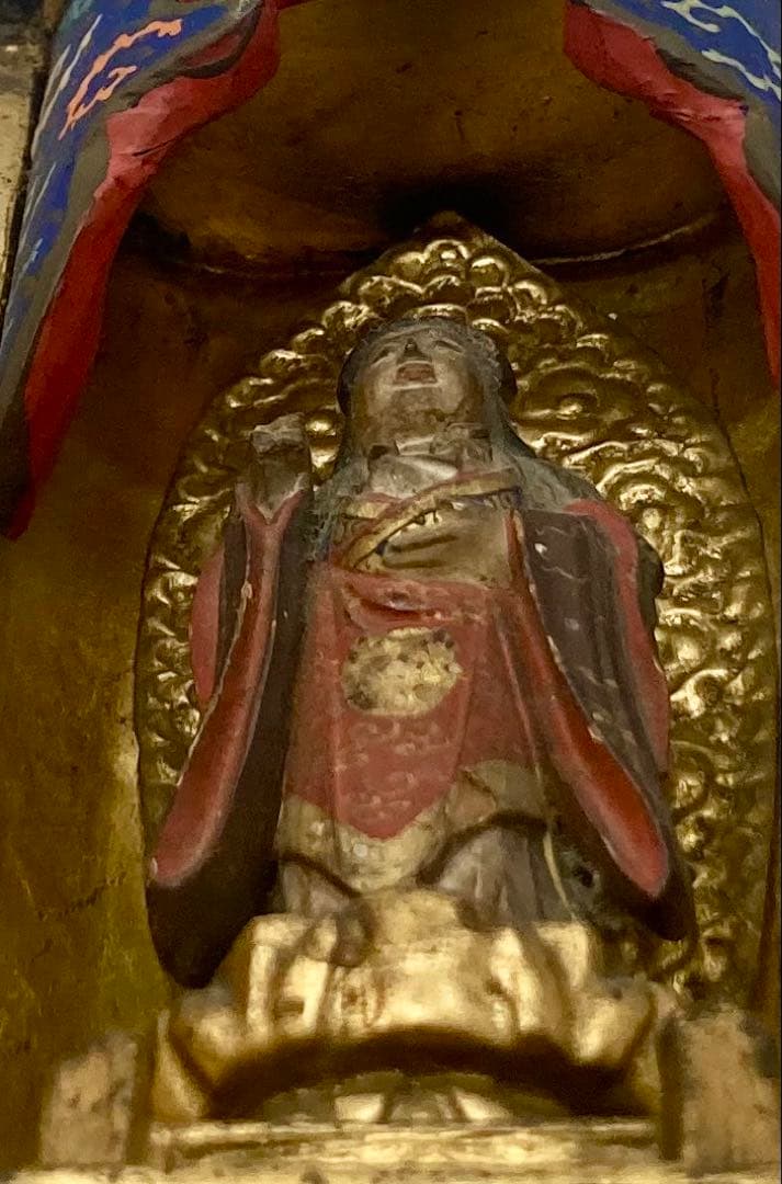 B566s 厨子仏 木彫彩色鬼子母神像　訶梨帝母　江戸　柘榴　仏教