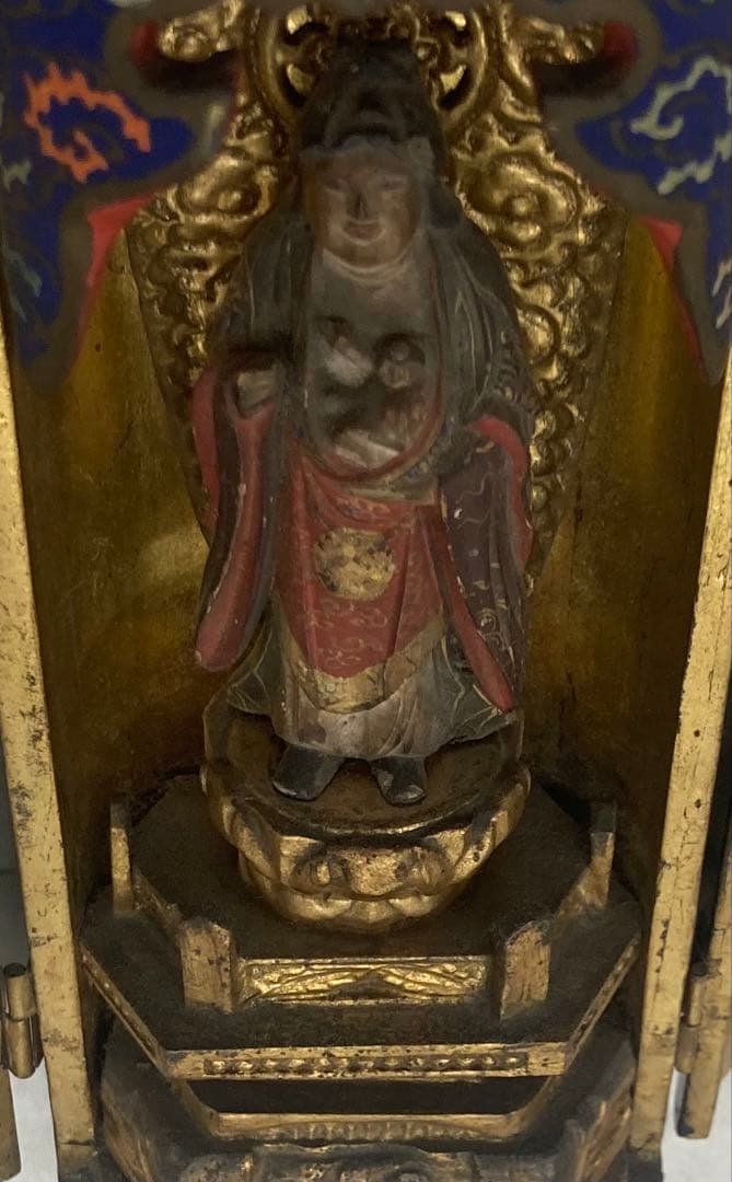 B566s 厨子仏 木彫彩色鬼子母神像　訶梨帝母　江戸　柘榴　仏教