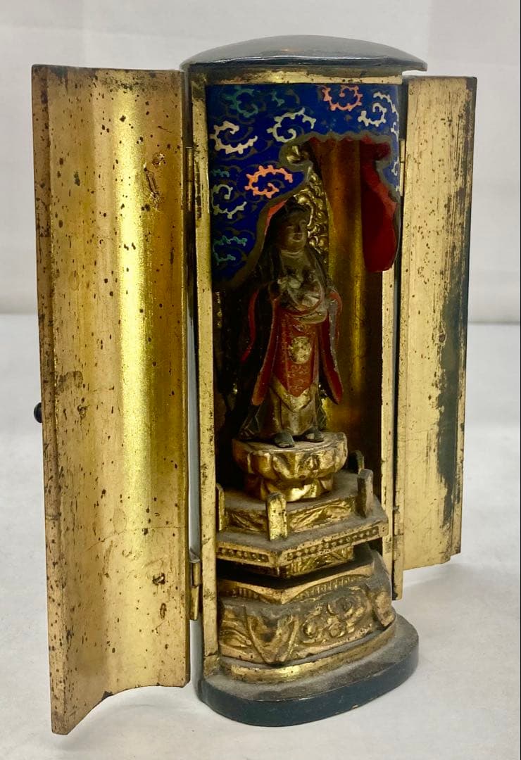 B566s 厨子仏 木彫彩色鬼子母神像　訶梨帝母　江戸　柘榴　仏教