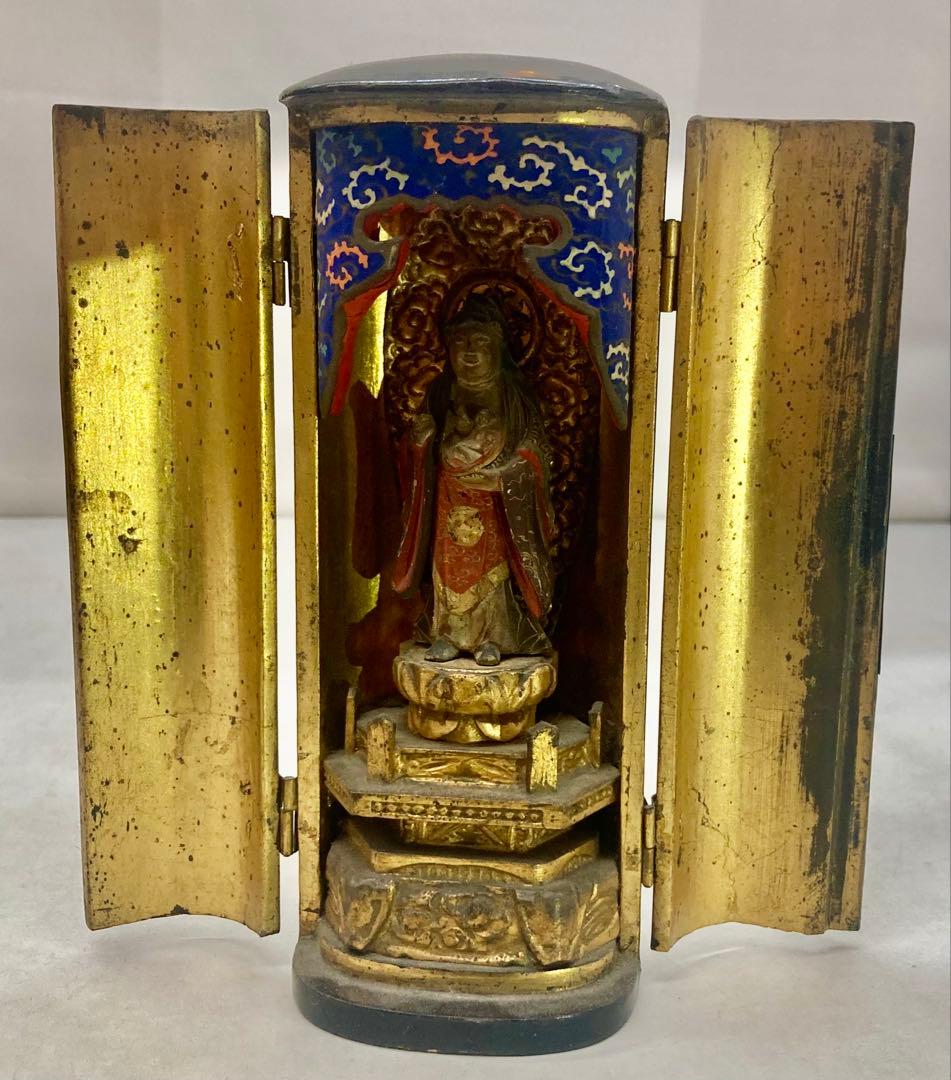 B566s 厨子仏 木彫彩色鬼子母神像　訶梨帝母　江戸　柘榴　仏教