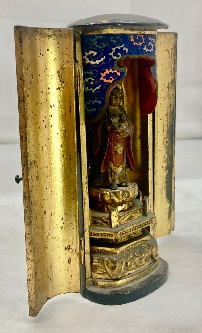 B566s 厨子仏 木彫彩色鬼子母神像　訶梨帝母　江戸　柘榴　仏教