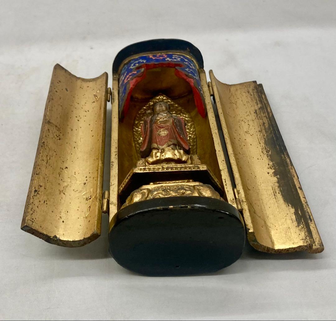 B566s 厨子仏 木彫彩色鬼子母神像　訶梨帝母　江戸　柘榴　仏教