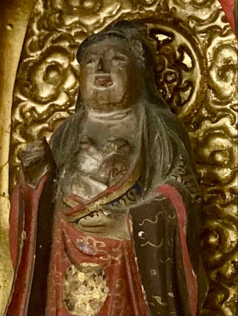 B566s 厨子仏 木彫彩色鬼子母神像　訶梨帝母　江戸　柘榴　仏教