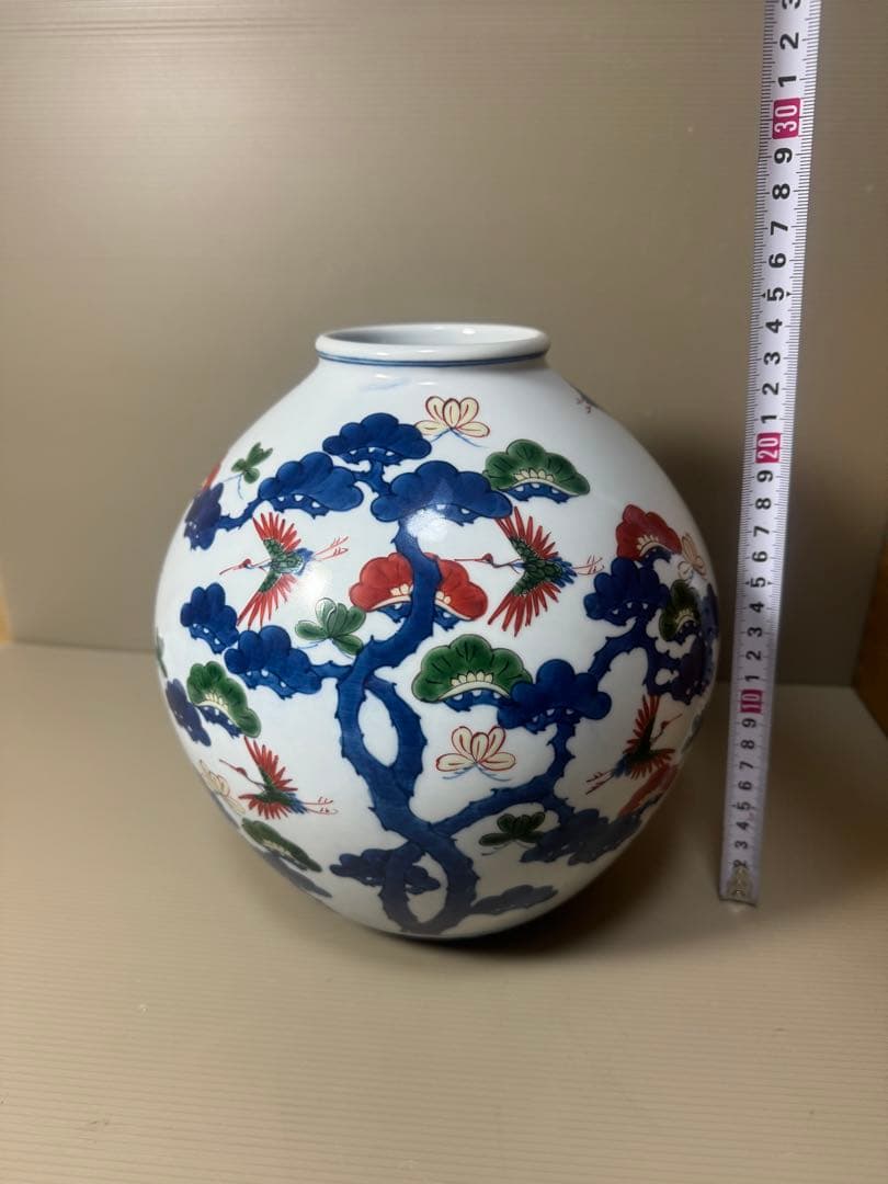 2133 源右衛門　染錦松鶴　花瓶