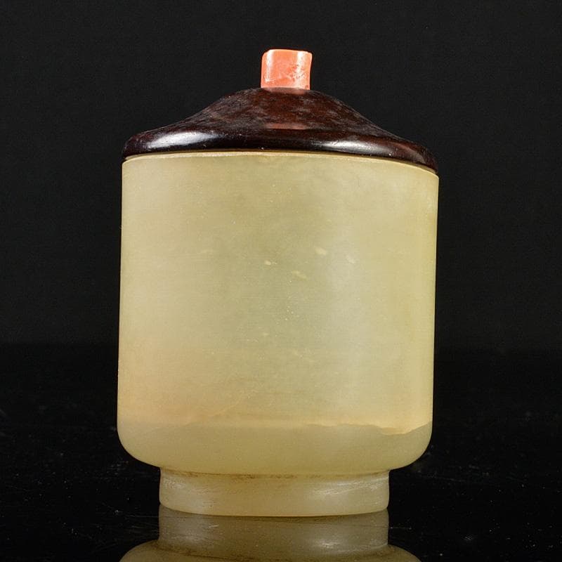 中国　玉石白玉彫刻　煎茶碗　赤珊瑚摘唐木蓋　M　R5351