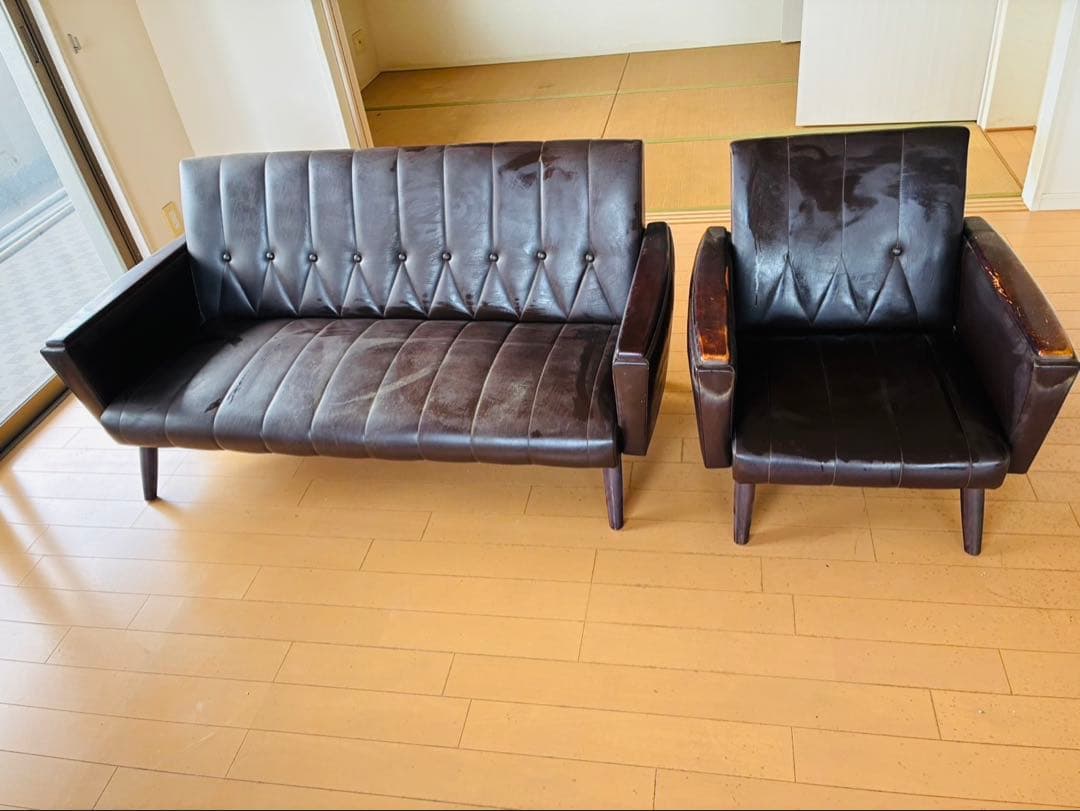 福岡発 本革 ソファー 3人 1人 チェア イス 椅子 ソファ 昭和レトロ