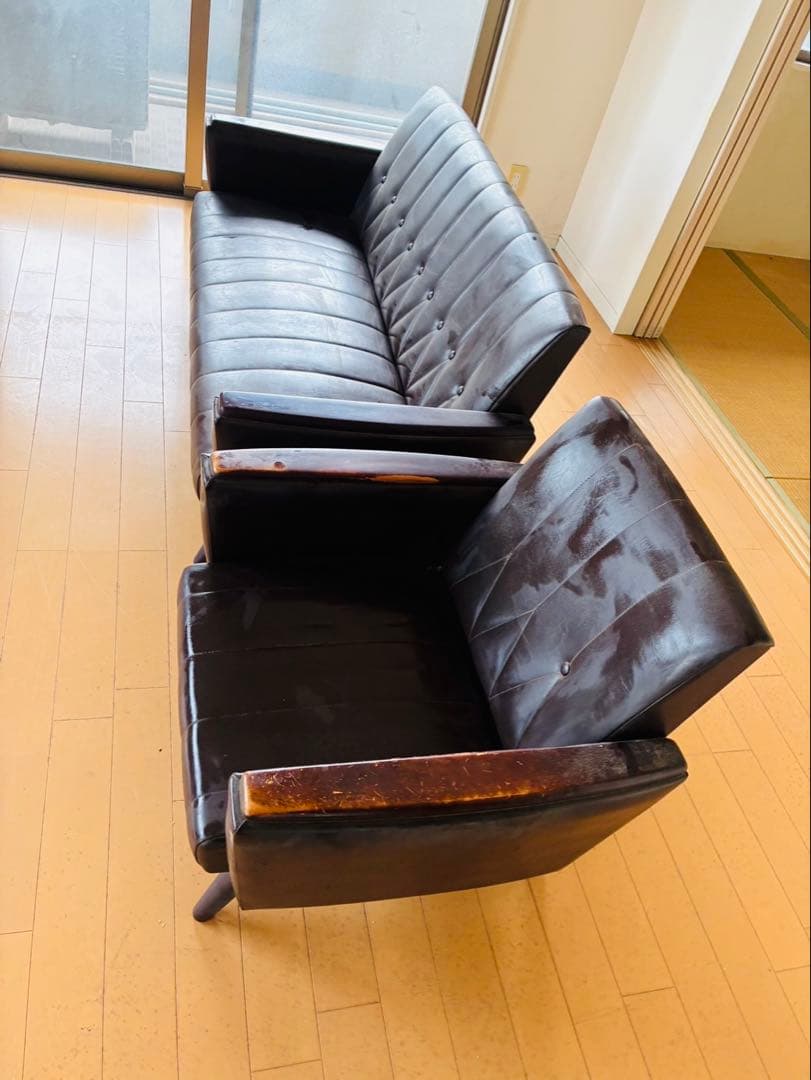 福岡発 本革 ソファー 3人 1人 チェア イス 椅子 ソファ 昭和レトロ