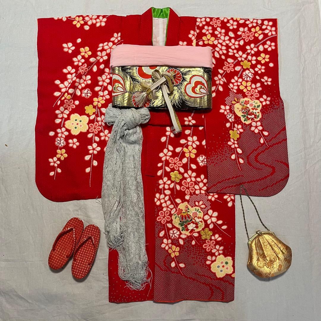 七五三　7歳　赤　絞り風　かのこ　アンティーク　正絹