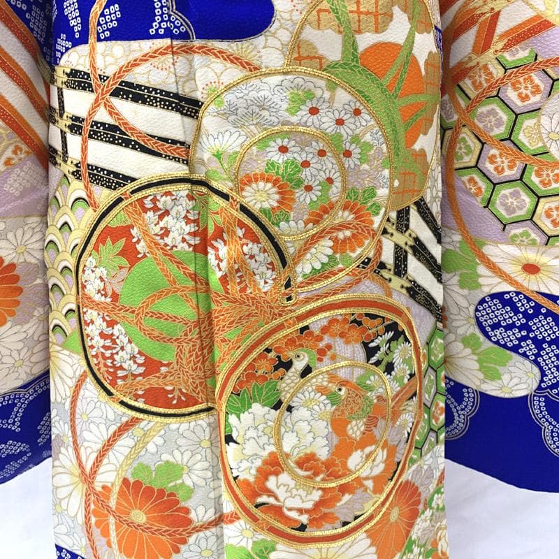 503ag52■七五三 七歳 女児 着物&袋帯&長襦袢 鼓 金彩 菊■状態良好